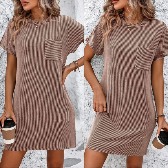 Breezy Ribbed Tee Dress - Tan - Picture 2 of 9